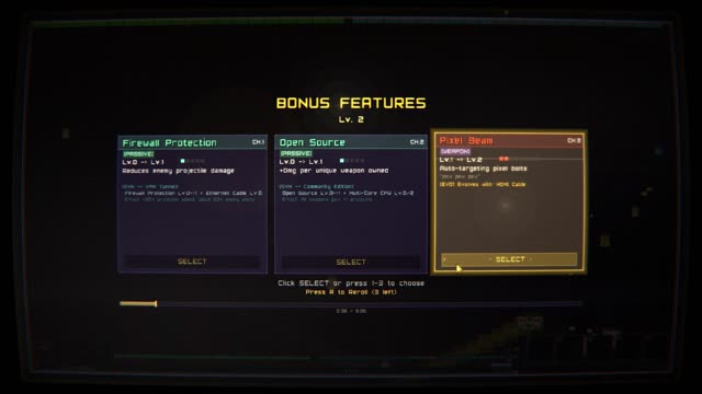 Upgrade selection screen — Bonus Features menu