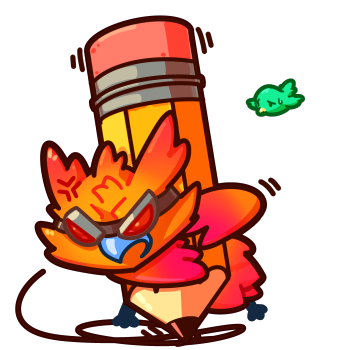 Illustrated orange character carrying a large pencil