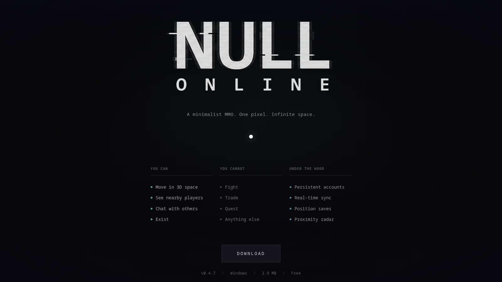 The Null Online title screen and feature list