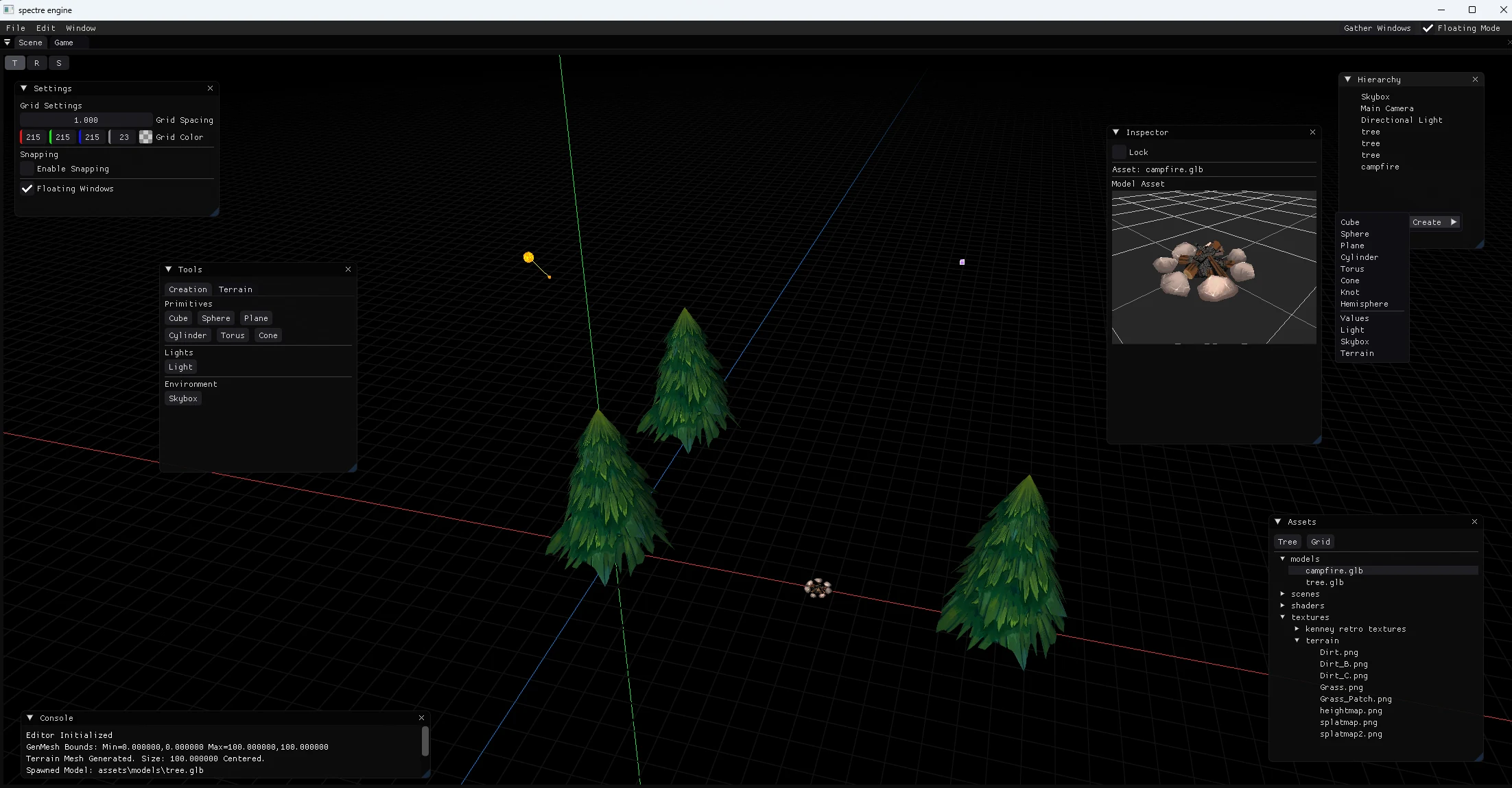Spectre Engine scene editor with a 3D viewport, project panels, inspector, and console