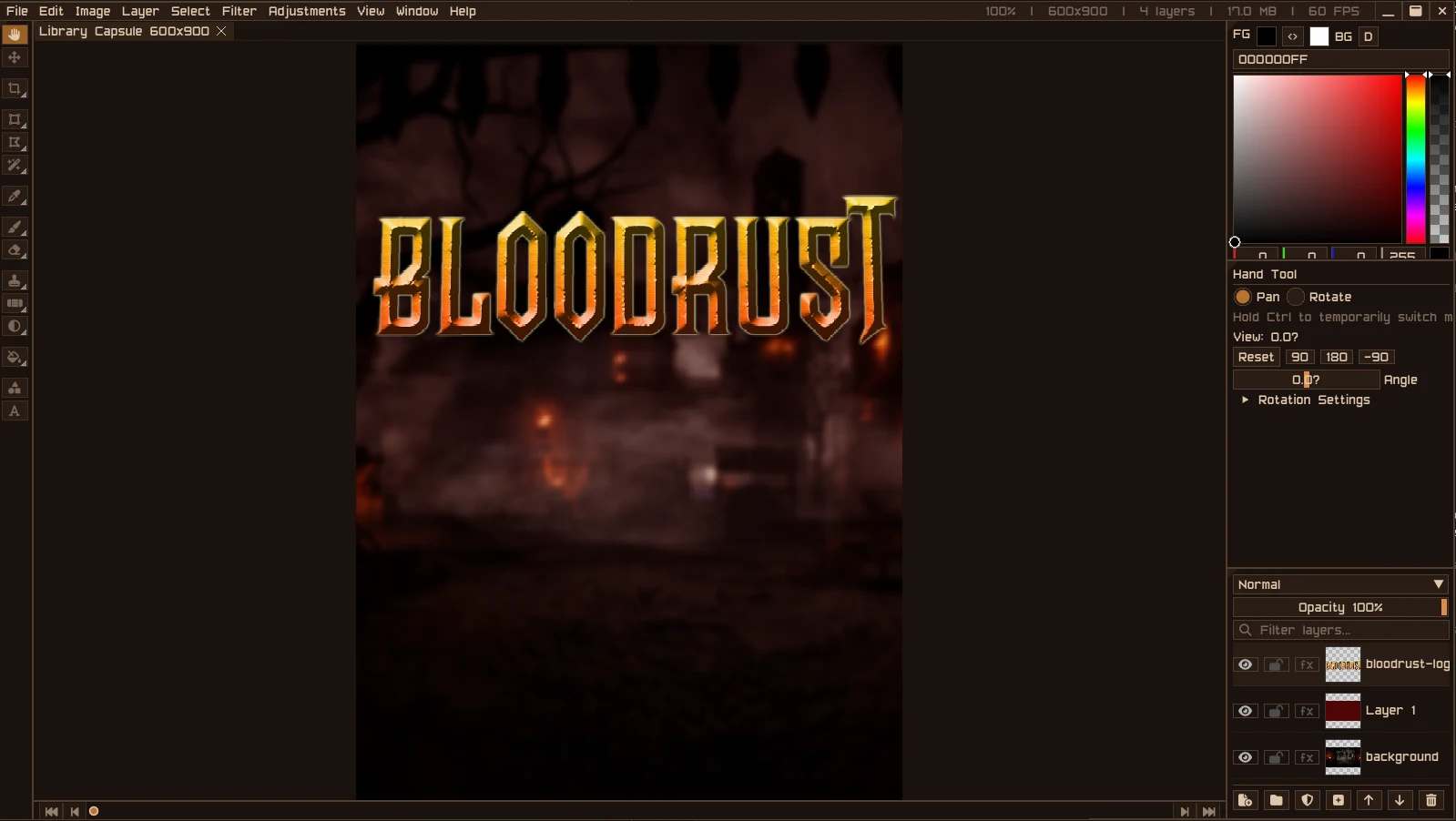 Spectre PixelShop composing a Bloodrust title graphic