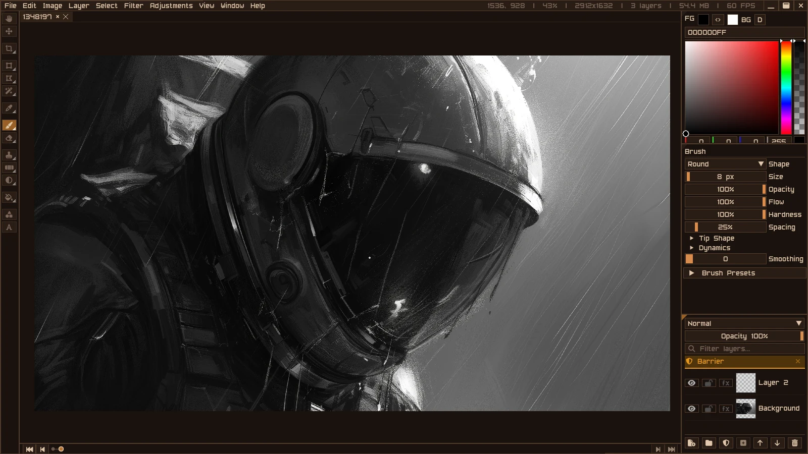 Spectre PixelShop editing a grayscale illustration with brush settings and layers visible
