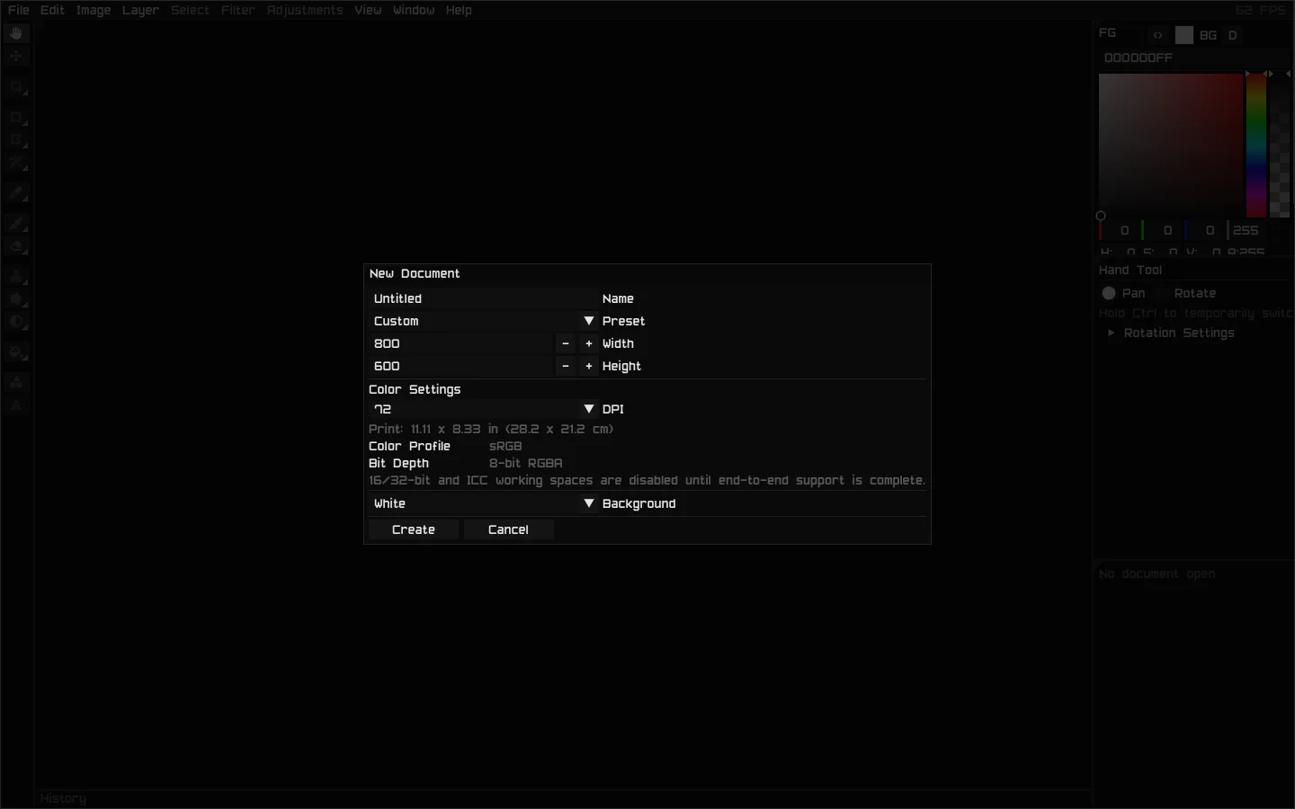The Spectre PixelShop new document dialog showing size, DPI, color profile, bit depth, and background controls