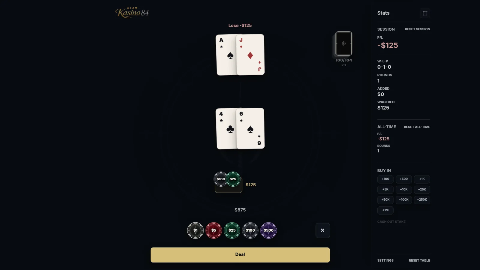 A Kasino 84 blackjack hand with the stats panel
