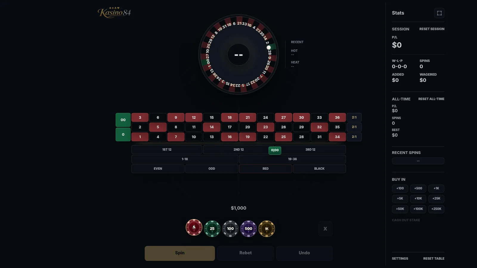 The Kasino 84 roulette wheel and betting table