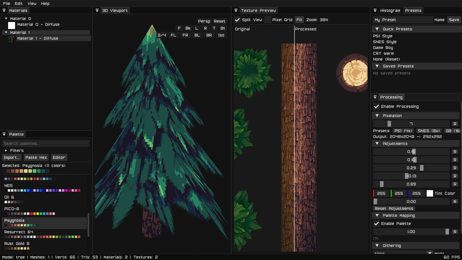 Texture processing with a tree model and a before-and-after preview